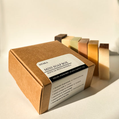 Mini Soap Box by NÜSKA, featuring six natural, handmade mini soap bars displayed next to a recyclable brown box with a label listing the soap scents. The soaps include a variety of colors, highlighting their natural ingredients. The box is labeled 'Vegan, Palm Free, 6 x 25g mini soap bars,' making it a perfect eco-friendly gift or self-care sampler.